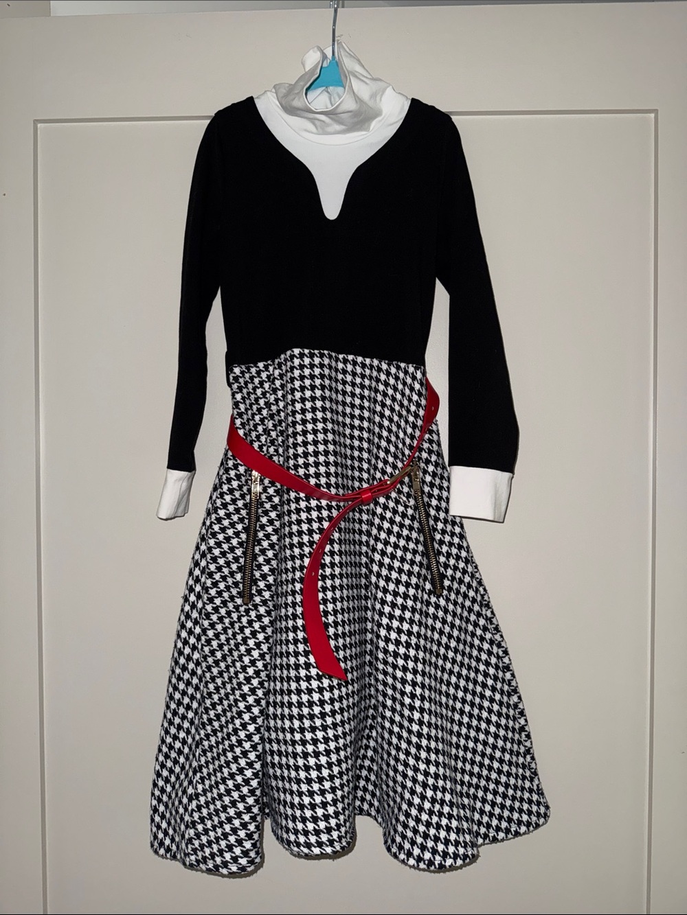 Black & White Houndstooth Kids Dress with Red Belt